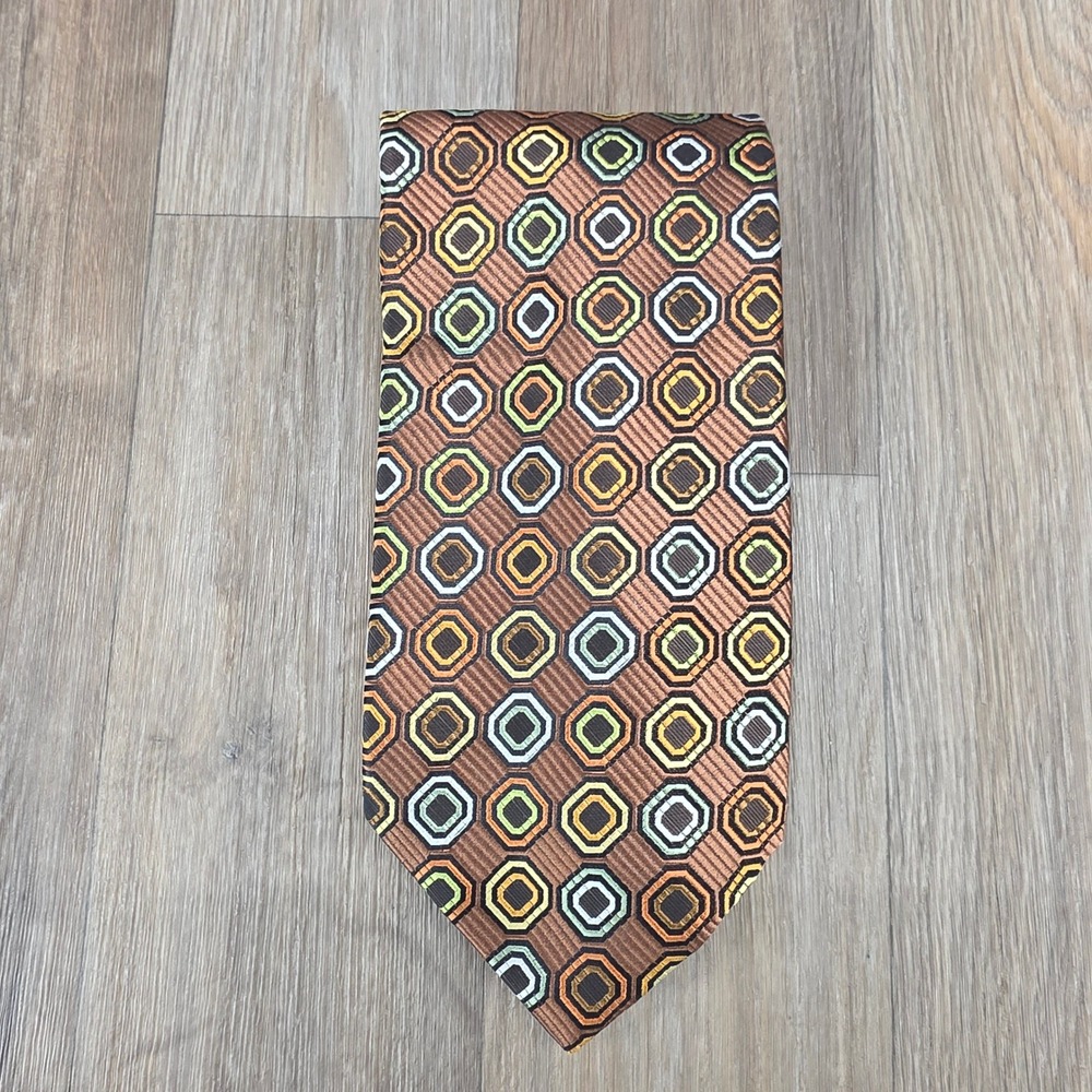 Setazone Mens Silk Tie Brown Orange Geometric Octagon Hand Made 60 Inch Necktie